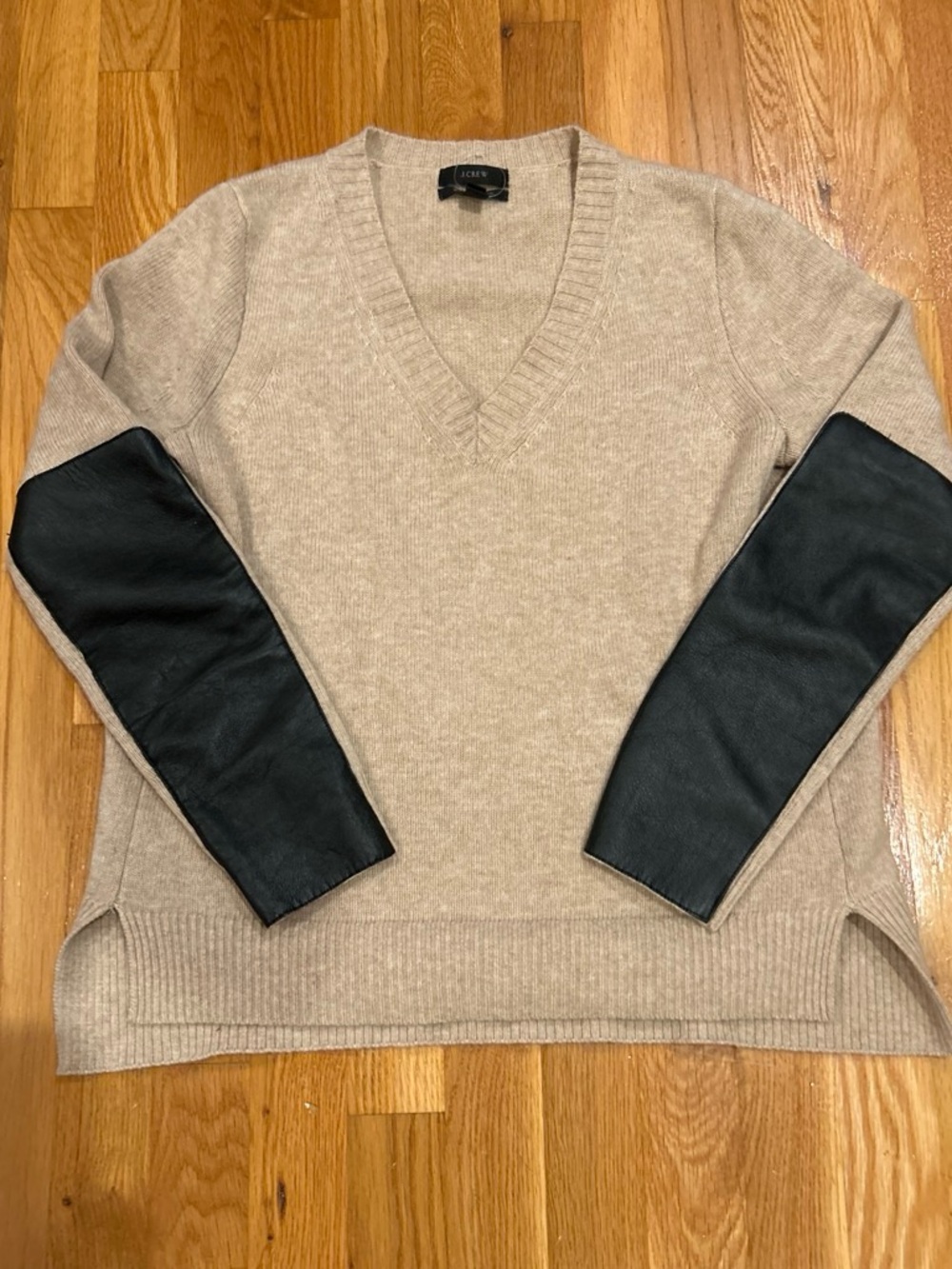 J. Crew Taupe Tan V-Neck Sweater with Black Leather trim sleeves